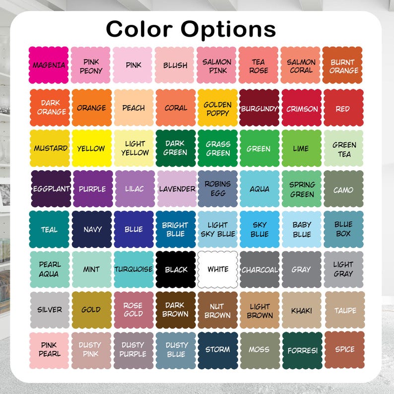 May include: A color chart titled "Color Options" displays a grid of color swatches. Each swatch is labeled with a color name, including shades of pink, green, blue, and brown. The chart is designed to showcase a variety of color choices.