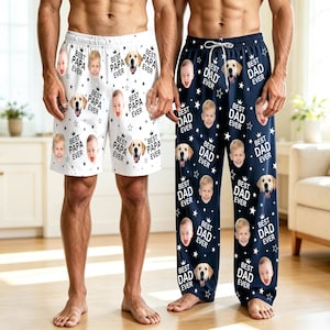 May include: White and navy blue pajama pants and shorts with custom faces, crowns, stars, and the text "BEST DAD EVER" and "BEST PAPA EVER". The shorts have a white background, and the pants have a navy blue background.