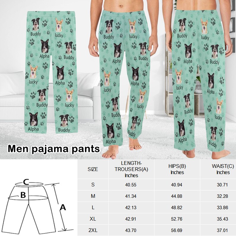 May include: Men's pajama pants with a green background and a repeating pattern of paw prints and dog faces. The pants have a drawstring waistband and pockets. The size chart shows the length, hips, and waist measurements in inches for sizes S, M, L, XL, and 2XL.