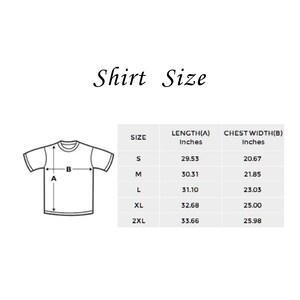 May include: A chart showing shirt sizes with measurements in inches for length and chest width. The chart shows sizes S, M, L, XL, and 2XL.
