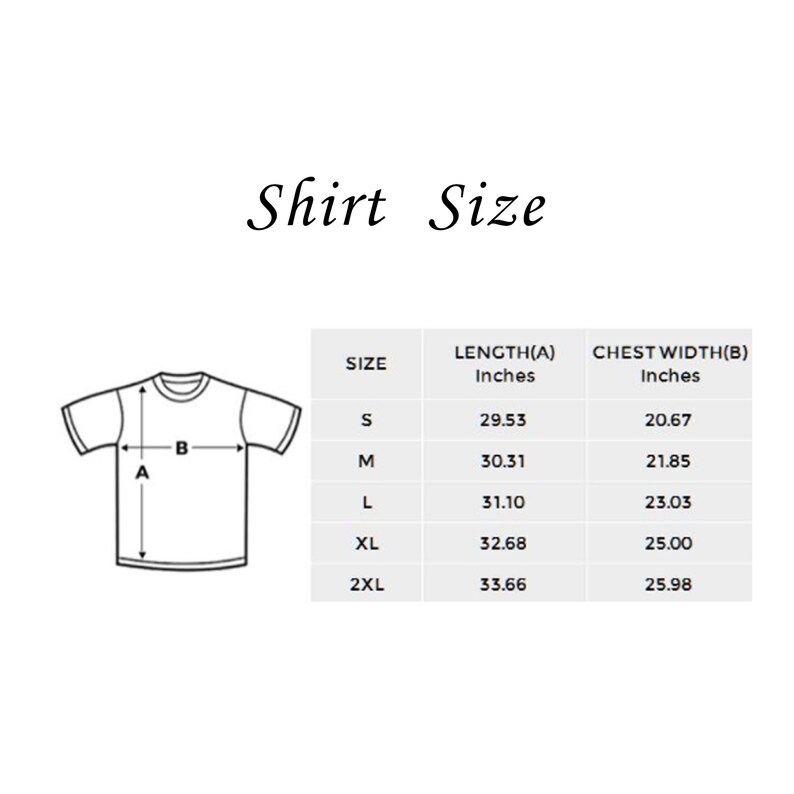 May include: A chart showing shirt sizes with measurements in inches for length and chest width. The chart shows sizes S, M, L, XL, and 2XL.