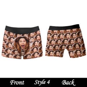 May include: A pair of boxer shorts with a repeating pattern of a person's face. The front and back of the boxer shorts are shown. The text "Style 4" is printed below the image.