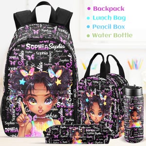 Personalized Afro Black Girl Backpack,Lunch Bag,Pencil Box,Water Bottle,Custom Name School Bag, Girl Book Bag, Back to School Gifts for Kids