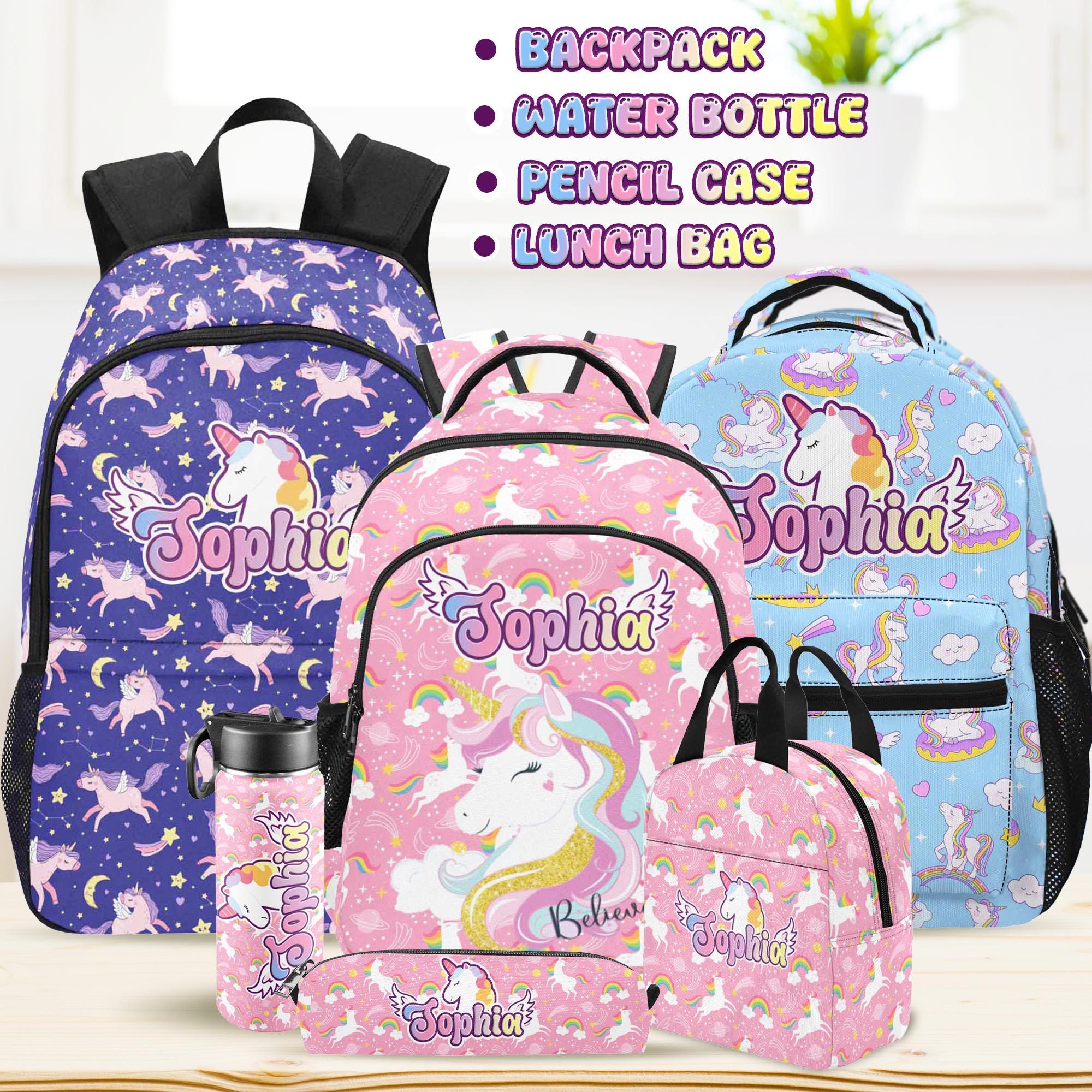 Personalized Unicorn Backpack Set: Lunch Bag, Water Bottle & Pencil Pouch