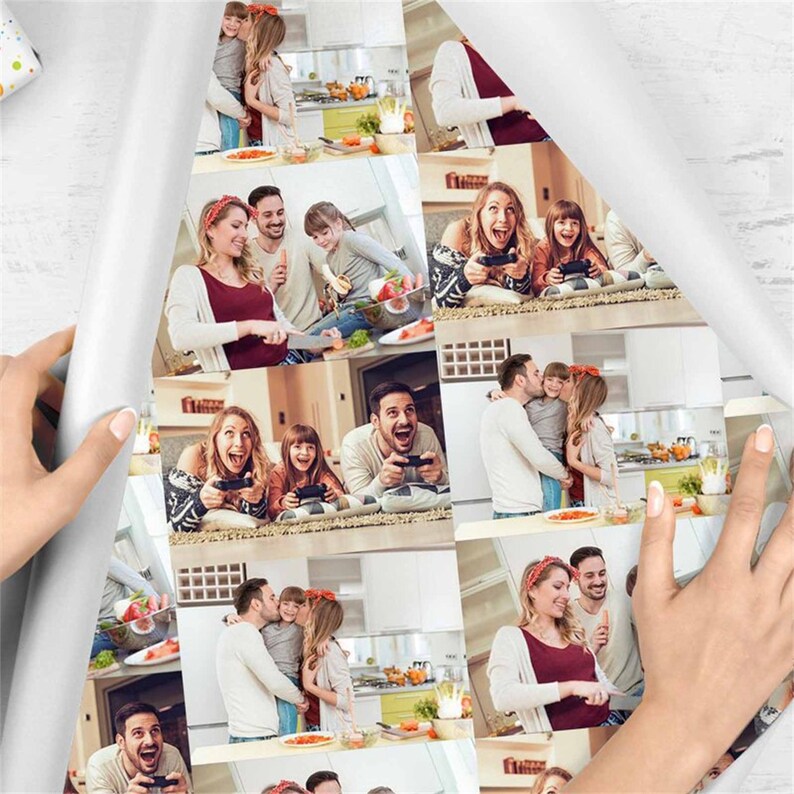 May include: A collage of photos featuring a family of four in a kitchen setting. The photos show the family cooking, playing video games, and hugging. The photos are arranged in a grid pattern.