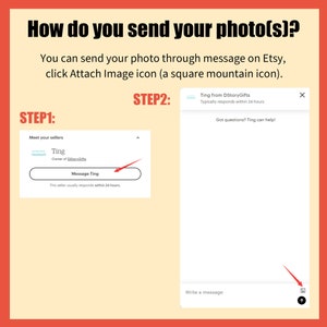 May include: A screenshot of a computer screen showing how to send a photo through a message on Etsy. The image shows two steps: Step 1 shows a message box with the text "Message Ting" and Step 2 shows a message box with a button to attach an image.