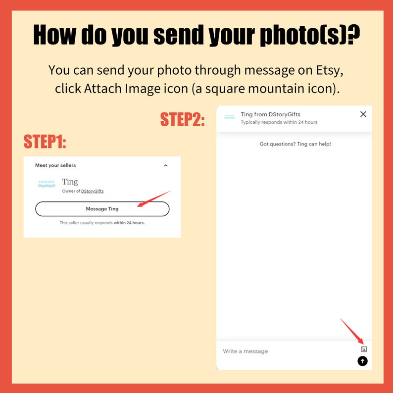 May include: A screenshot of a computer screen showing how to send a photo through a message on Etsy. The image shows two steps: Step 1 shows a message box with the text "Message Ting" and Step 2 shows a message box with a button to attach an image.