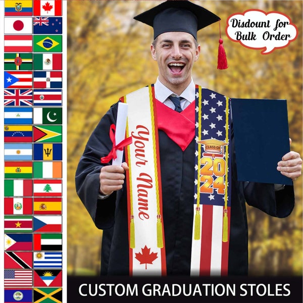 Custom Class of 2024 Stoles, Mixed Country Flag Graduation Stoles Sash Graduate Stoles, Graduation Gift, StoleMixed Two Flag Grad Stole