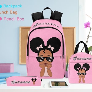 Personalized Afro Black Girl Backpack, Lunch Bag, Pencil Pouch, Preschool Bookbag with Name for Back to School, Gifts for Kids and Girls