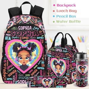 Custom Afro Black Girl Backpack, Lunch Bag,Pencil Box,Water Bottle, Personalized Name Book Bag, Girl School Bag,Back to School Gift for Kids