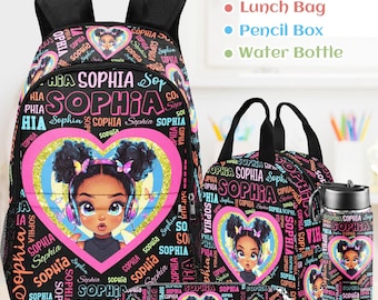 Personalized Afro Girl Backpack Set: School Bag, Lunch Bag & Water Bottle