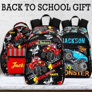 Personalized Monster Truck Backpack,Custom Name Backpack for Kids,Lunch Bag, Pencil Pouch,Boy Back to School,School Bag,Back to School Gifts