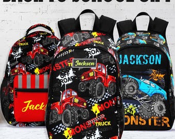 Personalized Monster Truck Backpack Set: Kids School Bag, Lunchbox & Pencil Case