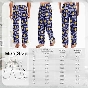 May include: Navy blue pajama pants with a repeating pattern of yellow tennis balls, the number 9, and the name "ANDREW" in white. The pants are displayed with a size chart.