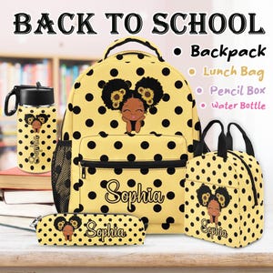 Personalized Afro Black Girl Backpack,Lunch Bag,Pencil Pouch,Water Bottle,Custom Name Book Bag,Girl school Bag,Back to School Gifts for Kids