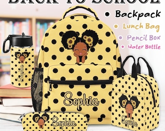 Personalized Afro Black Girl Backpack,Lunch Bag,Pencil Pouch,Water Bottle,Custom Name Book Bag,Girl school Bag,Back to School Gifts for Kids