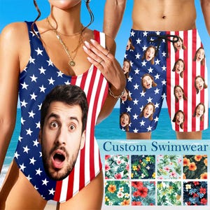 May include: Custom swimwear set featuring a patriotic design. The one-piece swimsuit has a blue background with white stars and red and white stripes. The matching swim trunks have a similar design. The face of a person is printed on the swimsuit and swim trunks. The text "Custom Swimwear" is also visible.
