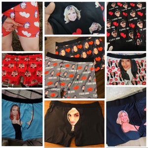 May include: A collage of different styles of underwear with various patterns and designs. Some underwear features a heart pattern, while others have a repeated pattern of the words "I love you". Some underwear features a zipper detail and a face printed on the front.