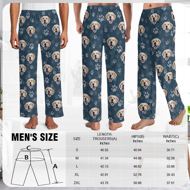 May include: Navy blue pajama pants featuring a repeating pattern of golden retriever faces and paw prints. The pants have a relaxed fit and are made of a soft material. The size chart shows the length of the trousers in inches.