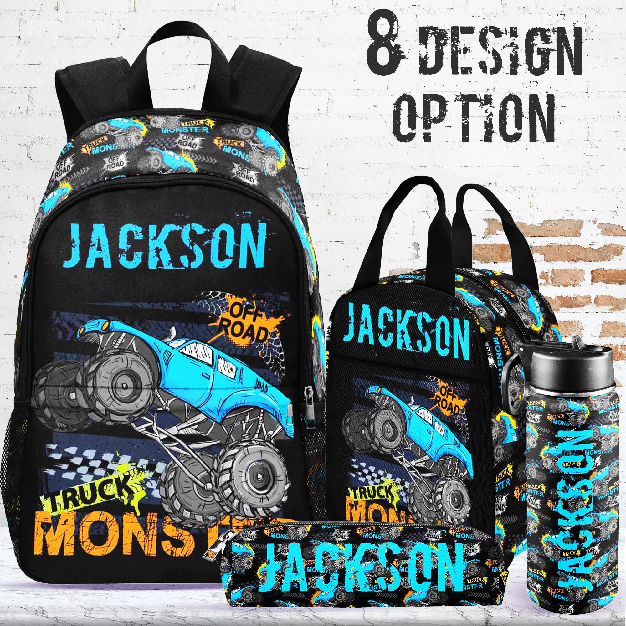 Personalized Monster Truck Backpack Set: Kids School Bag, Lunchbox & Water Bottle