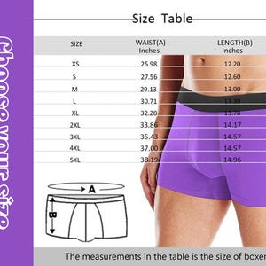 May include: Size chart for boxer shorts with measurements in inches. The chart shows waist and length measurements for sizes XS to 5XL.