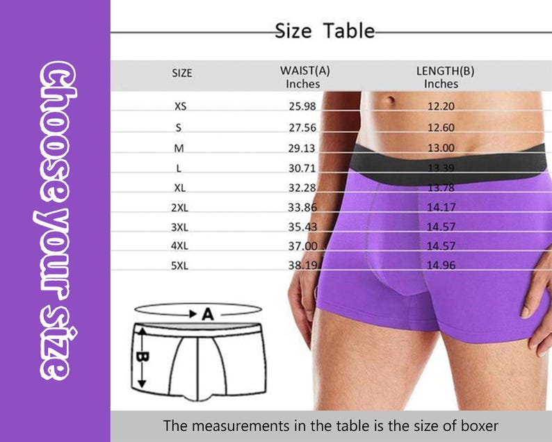 May include: Size chart for boxer shorts with measurements in inches. The chart shows waist and length measurements for sizes XS to 5XL.