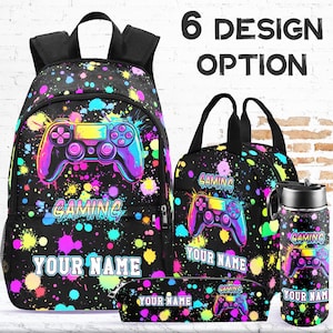 Personalized Gamer Backpack Set: Kids School Bag, Lunchbox, Water Bottle