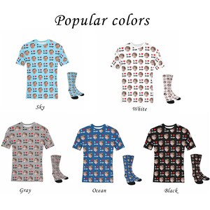 May include: Five different color t-shirts and socks with a repeated pattern of a person's face and the words "I love Dad". The colors are sky blue, white, gray, ocean blue, and black.