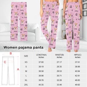 May include: Size chart for women's pajama pants with measurements in inches for length, waist, and hips. The chart shows sizes XS through 2XL.