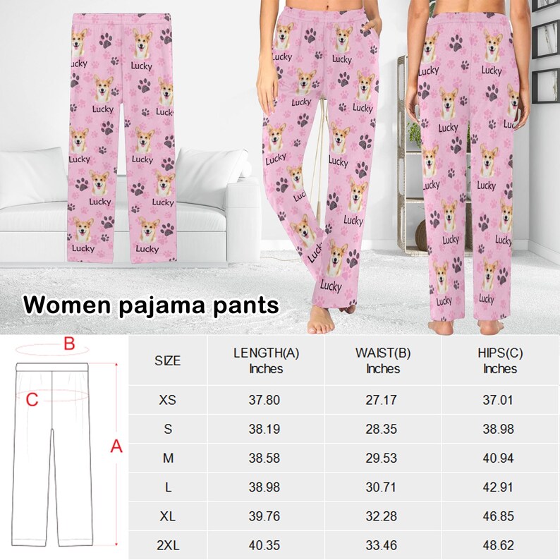 May include: Size chart for women's pajama pants with measurements in inches for length, waist, and hips. The chart shows sizes XS through 2XL.