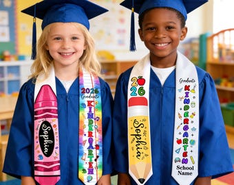 Custom Kindergarten Graduation Stole, Personalized Name Crayon Kids Sash Class of 2026