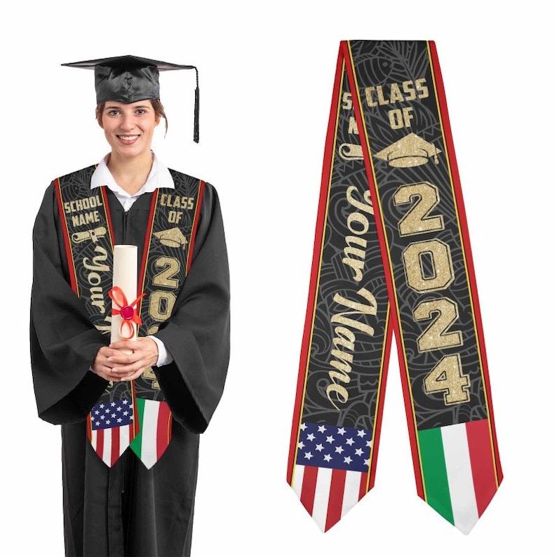 StoleMixed Two Flag Grad Stole, Personalized Class of 2024 Stoles, Mixed Country Flag Graduation Stoles Sash Grad Stoles, Graduation Gift image 4