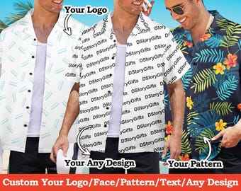 May include: Three men wearing different patterned button-up shirts. The shirts are customisable with a logo, design, or pattern. The text "Custom Your Logo/Face/Pattern/Text/Any Design" is at the bottom of the image.