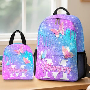 Personalized Butterfly Backpack Set: Custom Name School Bag, Lunchbox & Water Bottle