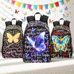Custom Butterfly Backpack for Girls, Personalized Name Butterfly School Bag, Butterfly Lunch Bag Water Bottle, Back to School Gifts for Kids