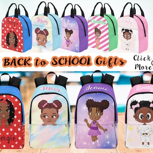 Personalized Black Girl Backpack, Lunch Bag, Name on Afro Girl school bag, Personalized Back to School Gifts, gift for kid daughter