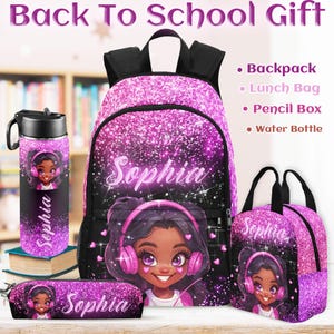 Custom Afro Black Girl Backpack,Lunch Bag, Pencil Pouch, Water Bottle, Personalized Name Book Bag, Girl school Bag,Best Back to School Gifts