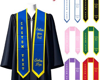 May include: A set of graduation sashes in various colors, including blue, black, pink, green, purple, and red. Each sash has a yellow border and features the text "CUSTOM TEXT" and "Custom Logo" in yellow lettering.