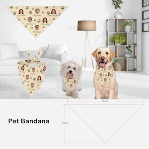 May include: A beige pet bandana with a paw print pattern and a repeated image of a dog's face with the text "DOG MOM", "DOG DAD", and "DOG" printed on it. The bandana is 66 cm wide and 33 cm tall.