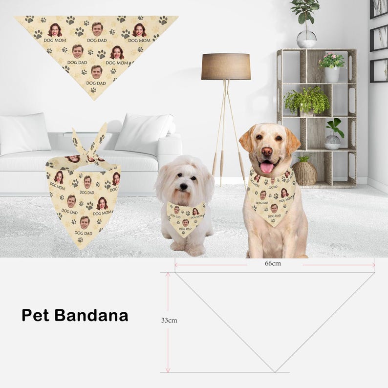 May include: A beige pet bandana with a paw print pattern and a repeated image of a dog's face with the text "DOG MOM", "DOG DAD", and "DOG" printed on it. The bandana is 66 cm wide and 33 cm tall.
