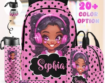 Custom Afro Black Girl Backpack, Lunch Bag, Pencil Pouch, Water Bottle,Blanket, Name on Black Girl School Bag, Back to School Gifts for Kids