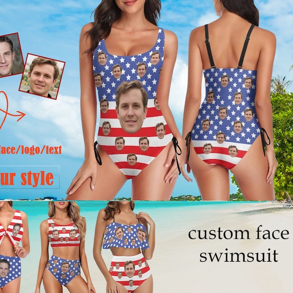 Custom Swimsuit,Face Swimsuit American Flag,Personalized Face Swimwear,Face Swimsuit, Custom Bathing suit Woman, Birthday/Bachelorette Party