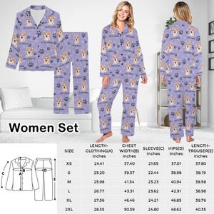May include: A women's pajama set with a purple background and a pattern of paw prints and a dog's face. The set includes a long-sleeved shirt and pants. The size chart shows the length of the clothing, chest width, sleeve length, hips, and length of the trousers in inches. Sizes range from XS to 2XL.
