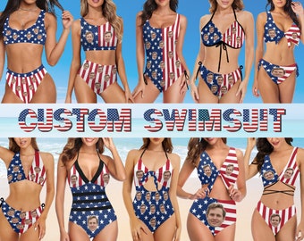 Personalized Face Swimsuit,Custom Bikini For Women,Custom American Flag Swimwear,Independence day Anniversary Birthday Bachelorette Party