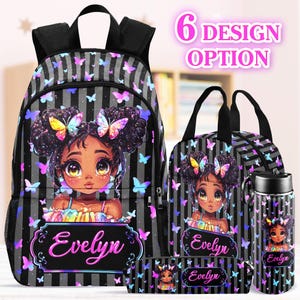 Custom Name Backpack, Lunch Bag, Personalized Afro Black Girl School Bag, Water bottle, Back to School Gifts For Kids, Custom Toddlers Gifts
