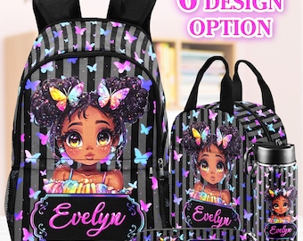 Personalized Afro Girl Backpack Set: Custom School Bag, Lunchbox & Water Bottle