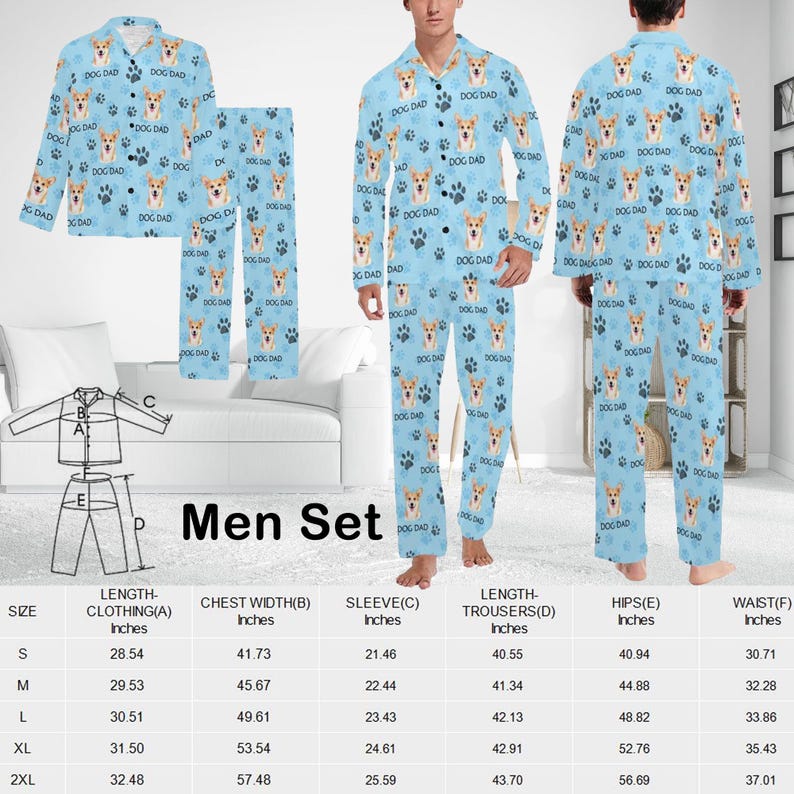 May include: A men's pajama set with a light blue background and a pattern of white paw prints and a dog's face. The set includes a long-sleeved shirt and pants. The shirt has a button-up collar and the pants have an elastic waistband. The size chart is included in the image.