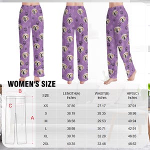 May include: Purple pajama pants featuring a repeating pattern of golden retriever faces and paw prints. The pants have a relaxed fit and a drawstring waist. The image also includes a size chart with measurements in inches for length, waist, and hips.