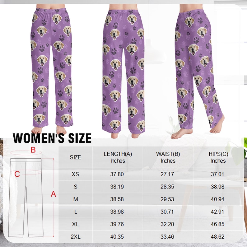May include: Purple pajama pants featuring a repeating pattern of golden retriever faces and paw prints. The pants have a relaxed fit and a drawstring waist. The image also includes a size chart with measurements in inches for length, waist, and hips.