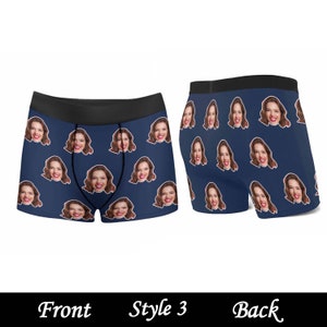 May include: Navy blue boxer shorts with a repeating pattern of a woman's face. The front and back of the boxer shorts are shown. The text "Style 3" is printed below the image. "Front" and "Back" are printed below the image.